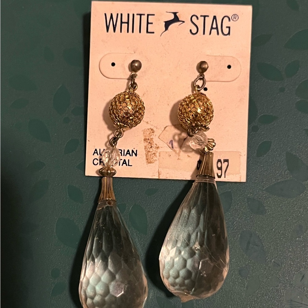 NWT Vintage White Stag Gold and Crystal Drop Earrings